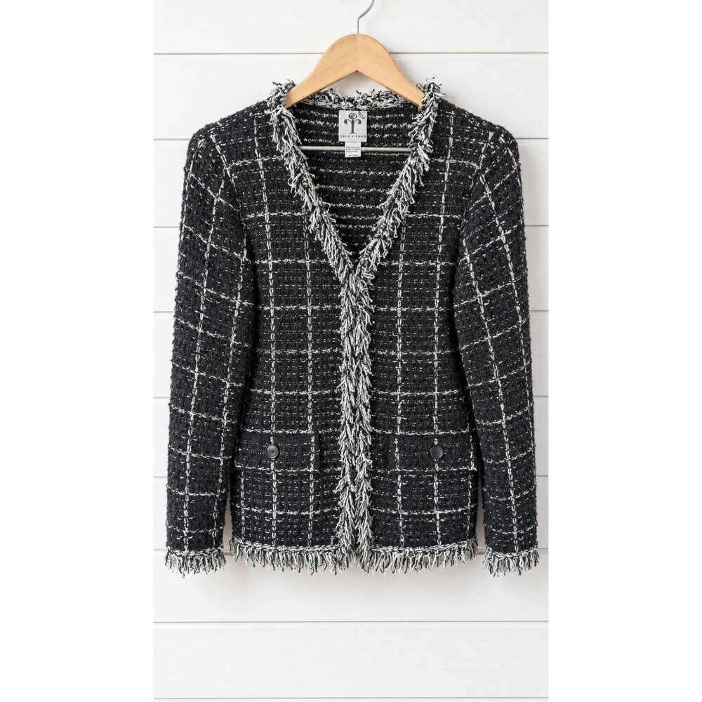 Rain & Rose Black White Fringe Trim Tweed Knit V-Neck Jacket/Sweater L